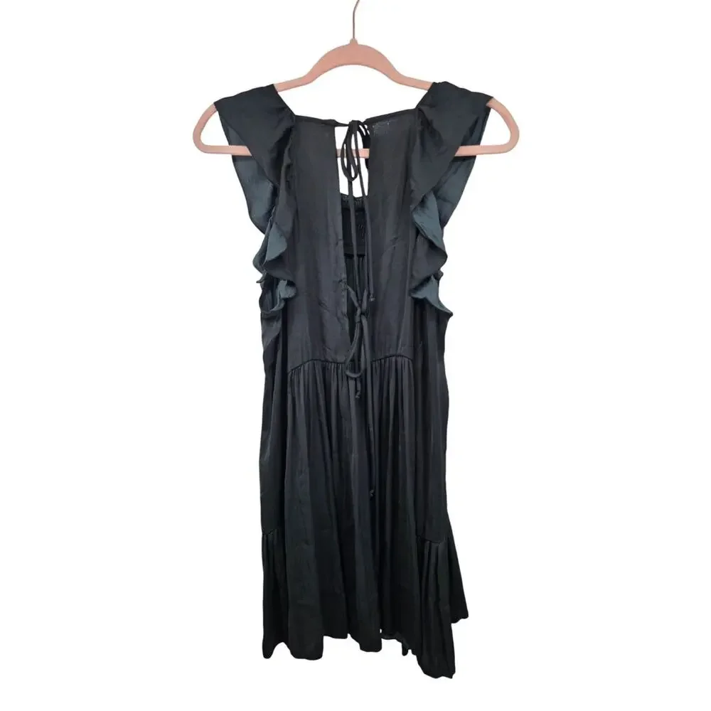 Intimately Free People Want Your Love Black Smocked Tiered Babydoll Mini Dress S